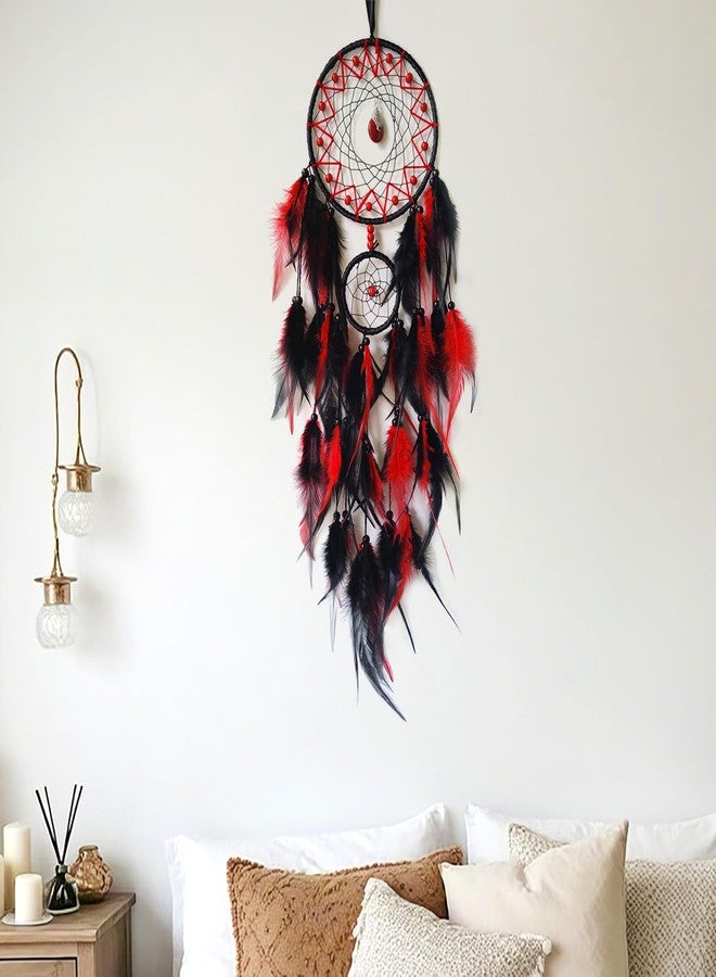 SOYUZU Black and Red Dream Catcher Wall Decor Feather Dream Catchers with Pendant Handmade Dreamcatcher Wall Hanging Ornament for Bedroom Living Room Home Decor - Image 3